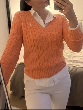 100% Cotton Polo by Ralph Lauren Peach-Orange Cable Knit V-Neck Sweater
